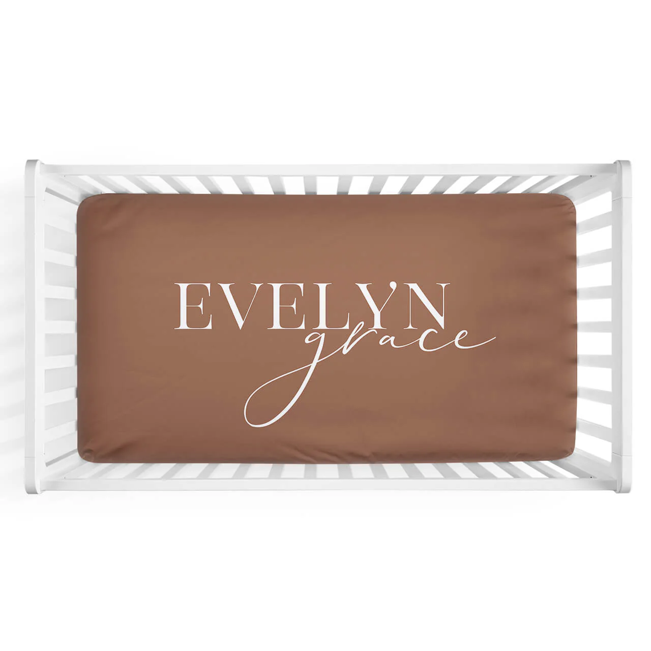 Personalized Crib Sheet in Camel | Modern Font Duo