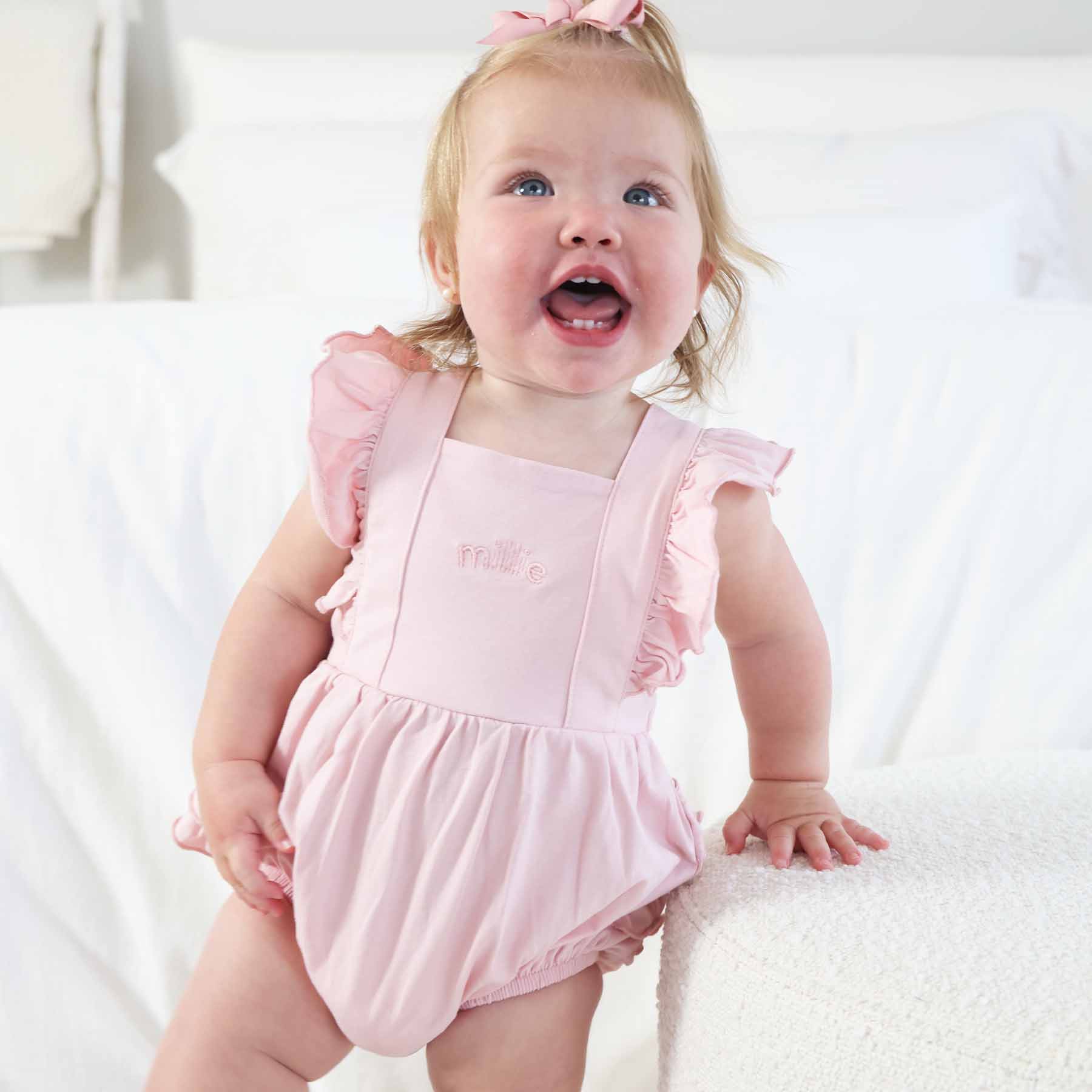 Embroidered Cross Back Ruffle Bubble Romper - Image 6