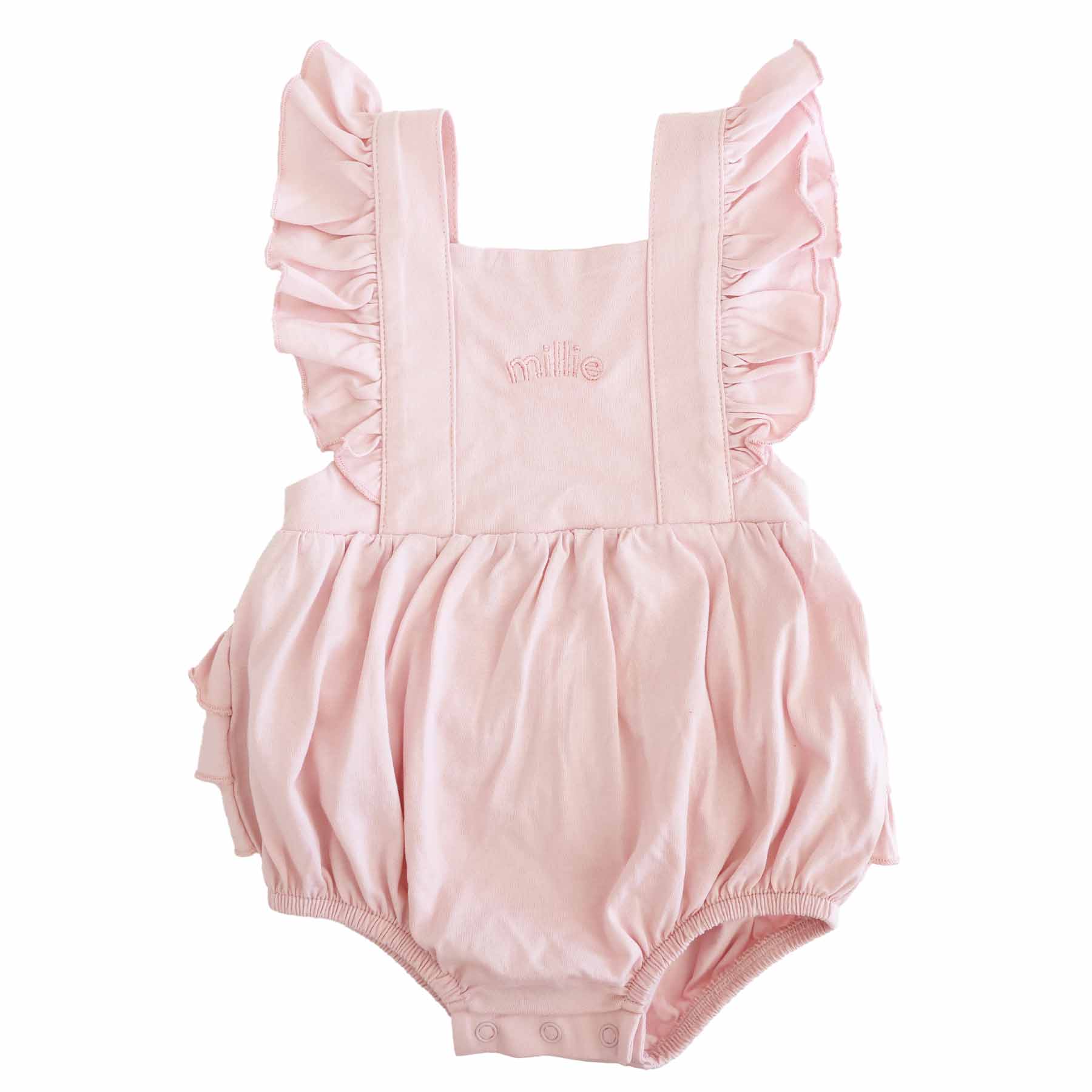 Embroidered Cross Back Ruffle Bubble Romper - Image 7