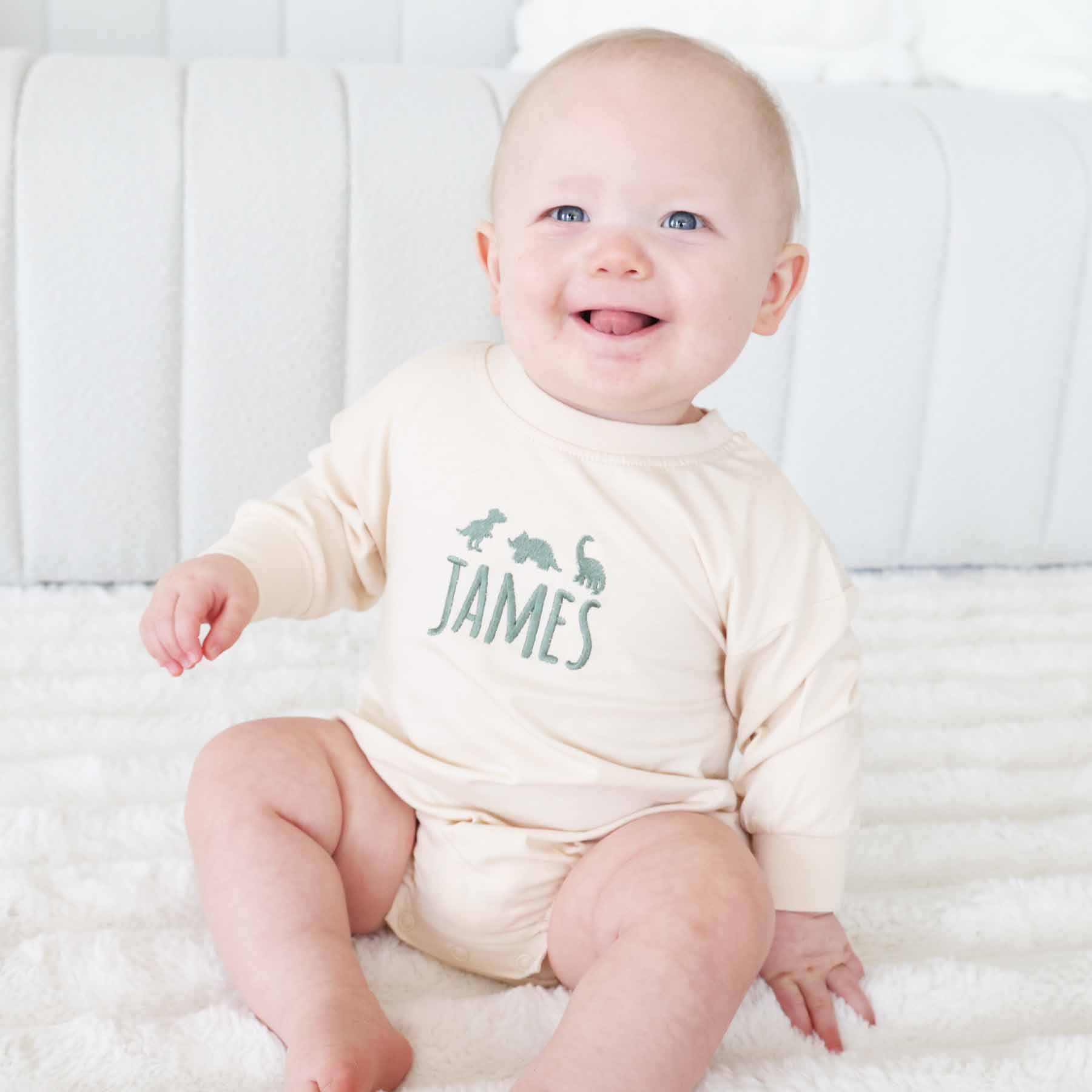 Embroidered Dinosaur Long Sleeve Bubble Romper | Natural - Image 5
