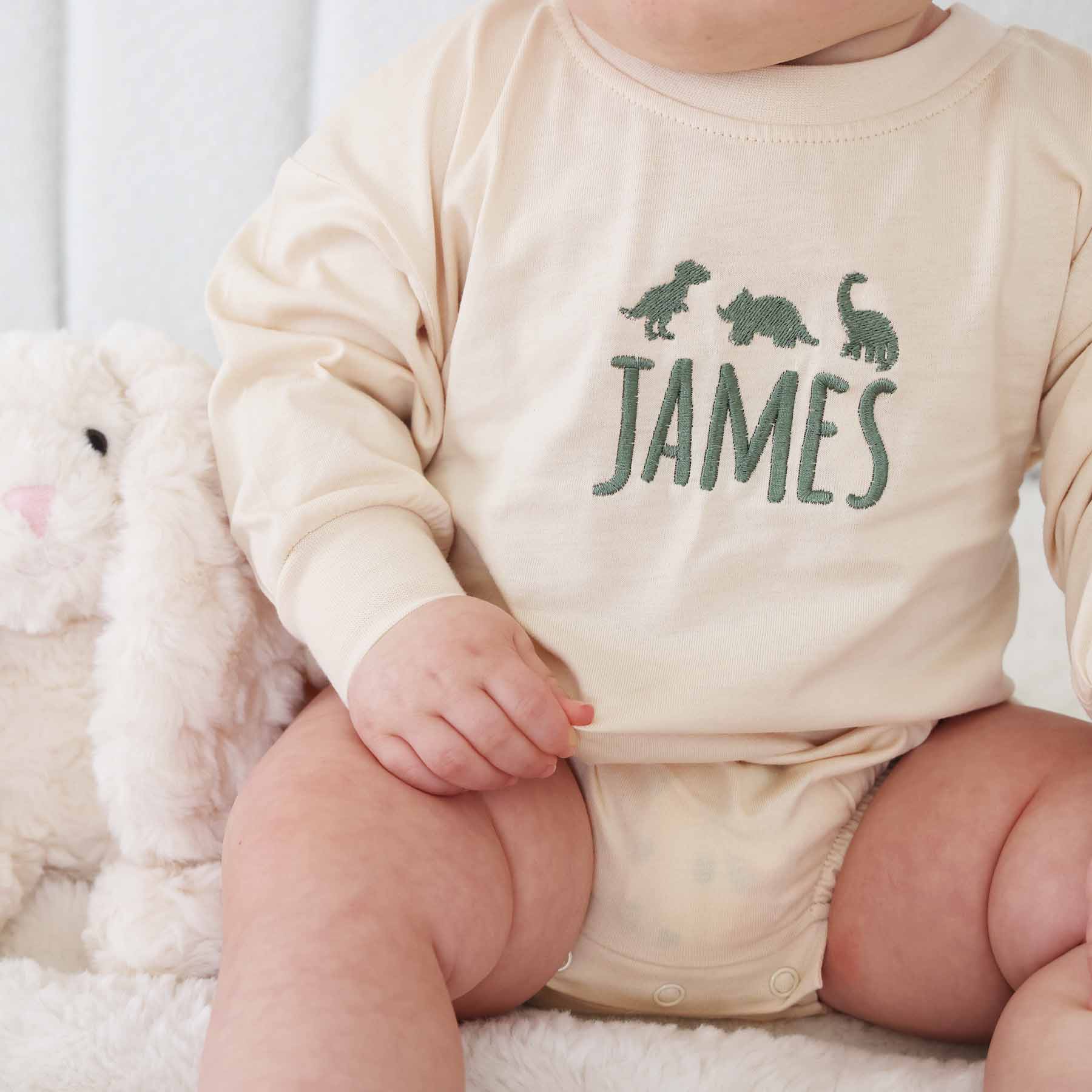 Embroidered Dinosaur Long Sleeve Bubble Romper | Natural - Image 6