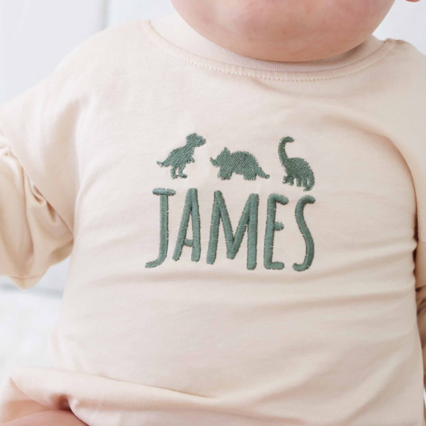 Embroidered Dinosaur Long Sleeve Bubble Romper | Natural - Image 8