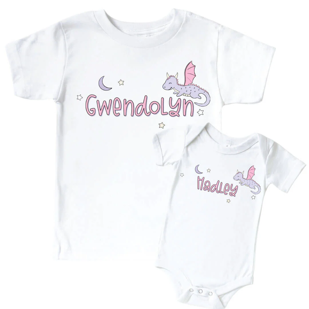 Personalized Dragon Adventure Pink Graphic Bodysuit & Kids Tee | White