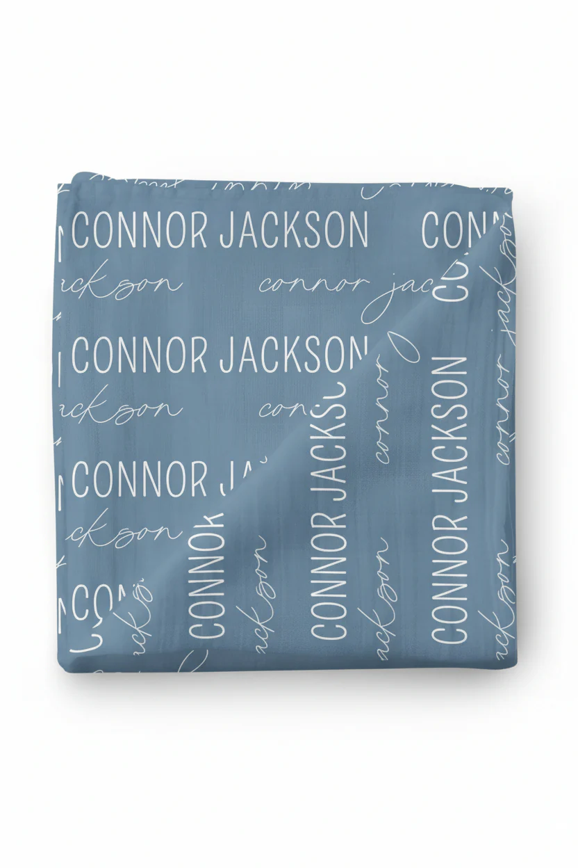 Personalized Dusty Blue Baby Name Swaddle Blanket - Block & Script - Image 2