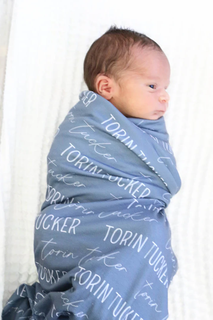 Personalized Dusty Blue Baby Name Swaddle Blanket - Block & Script - Image 4