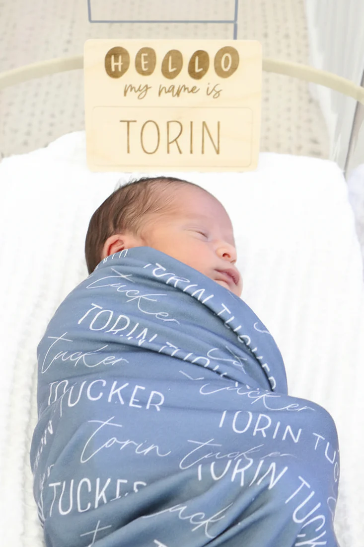 Personalized Dusty Blue Baby Name Swaddle Blanket - Block & Script - Image 5