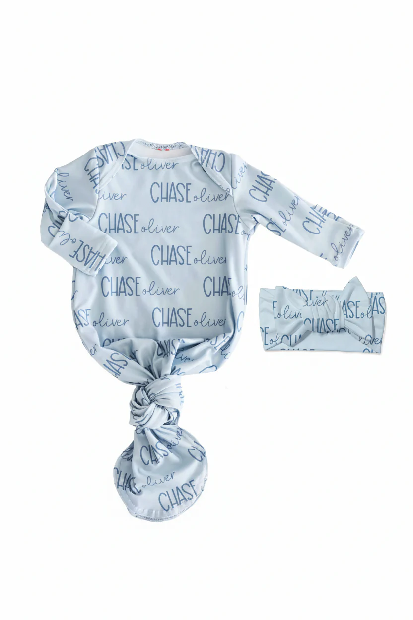 Personalized Font Duo Newborn Baby Knot Gown | Best Selling Blues - Image 3