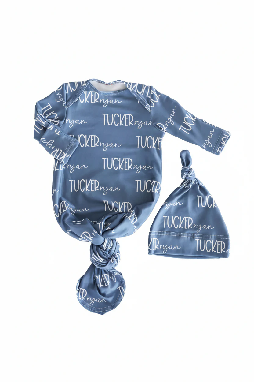 Personalized Font Duo Newborn Baby Knot Gown | Best Selling Blues - Image 5
