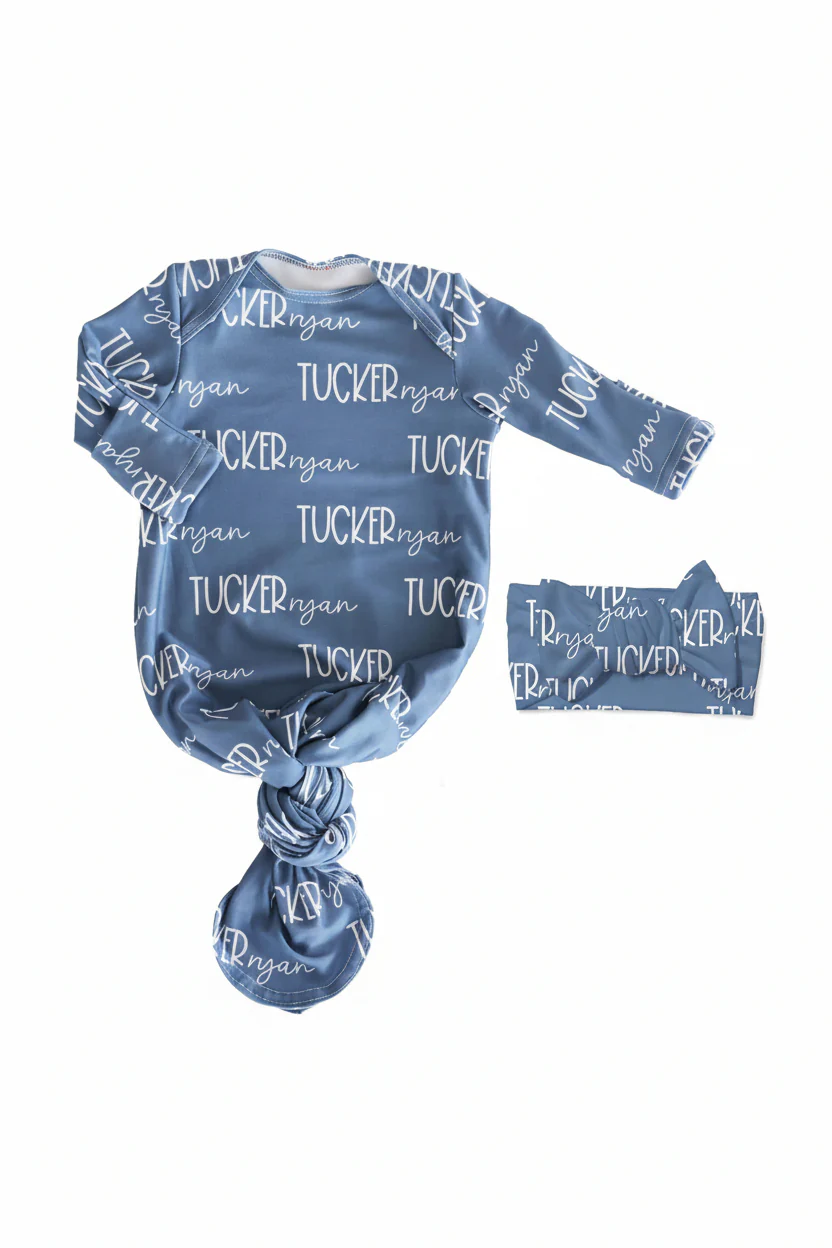 Personalized Font Duo Newborn Baby Knot Gown | Best Selling Blues - Image 8