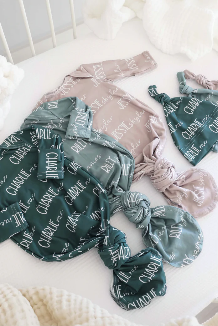 Personalized Font Duo Newborn Baby Knot Gown | Best Selling Neutrals