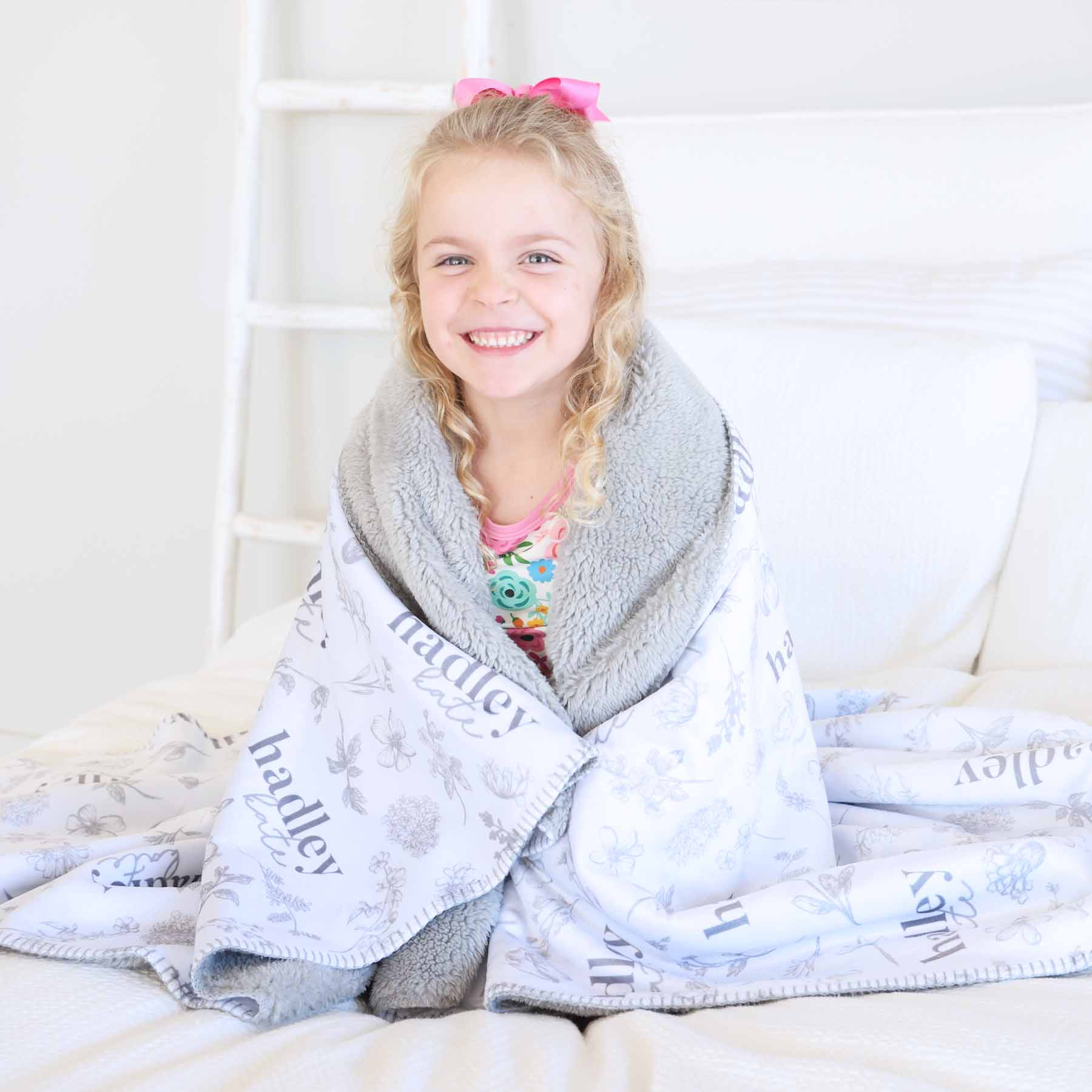 Personalized Sherpa Kids Blanket | Gray Floral - Image 2