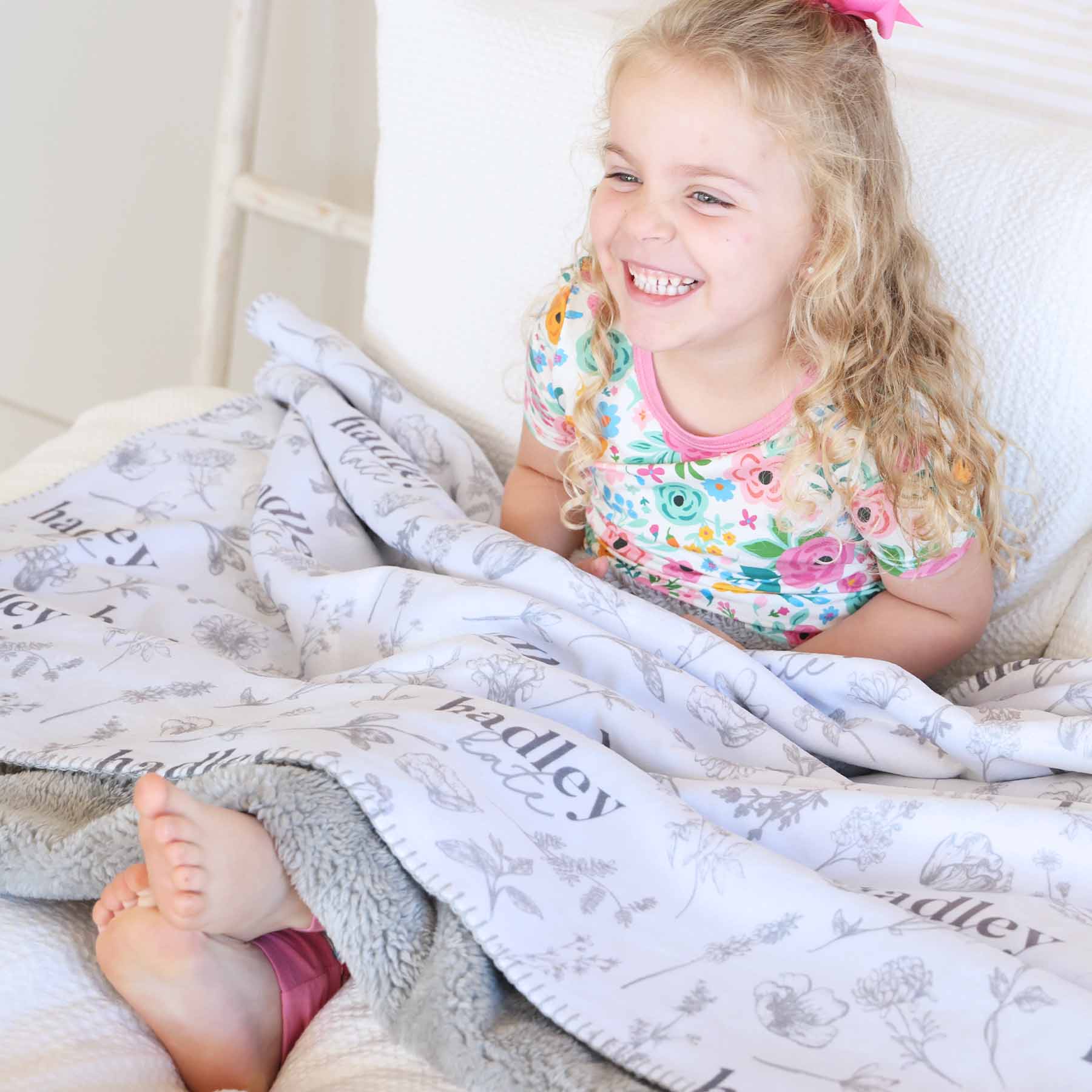 Personalized Sherpa Kids Blanket | Gray Floral - Image 3