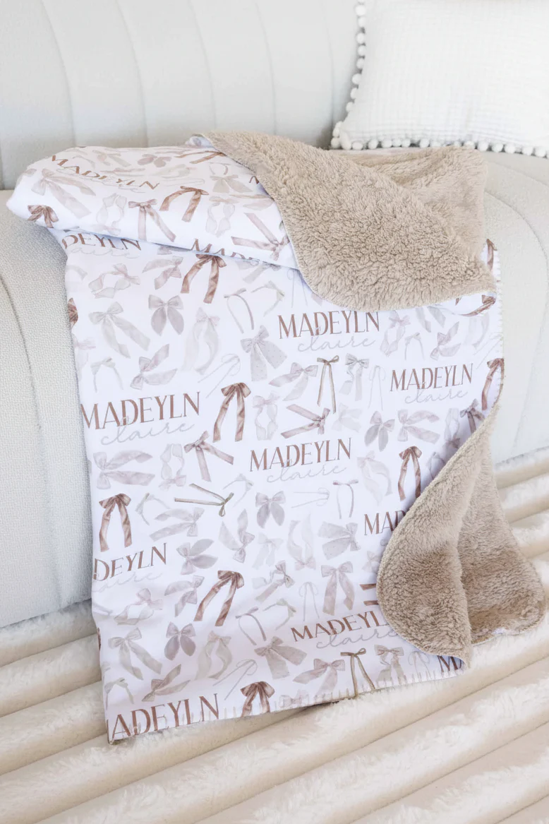 Personalized Sherpa Kids Blanket | Taupe Bow
