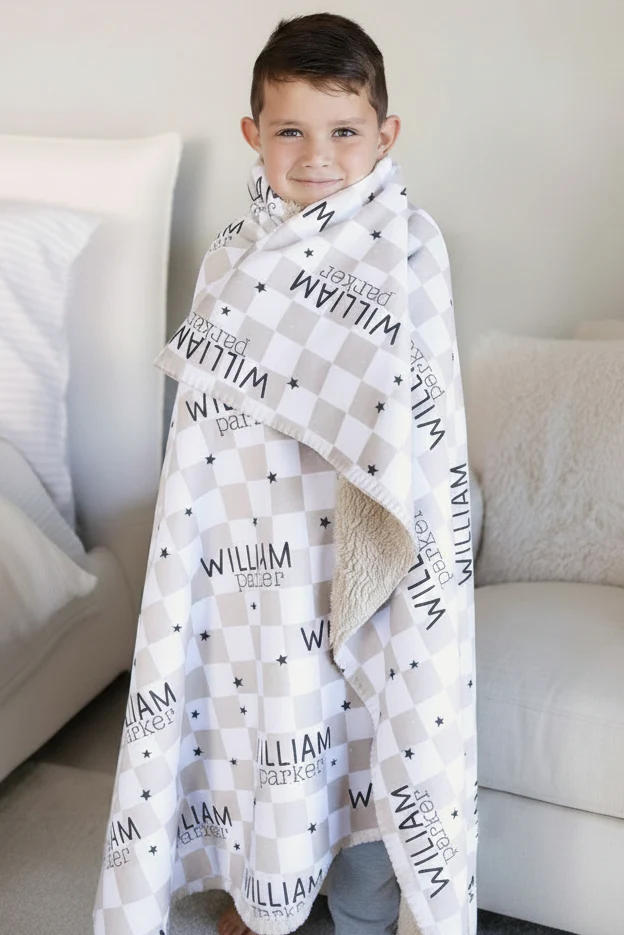 Personalized Sherpa Kids Blanket | Taupe Check
