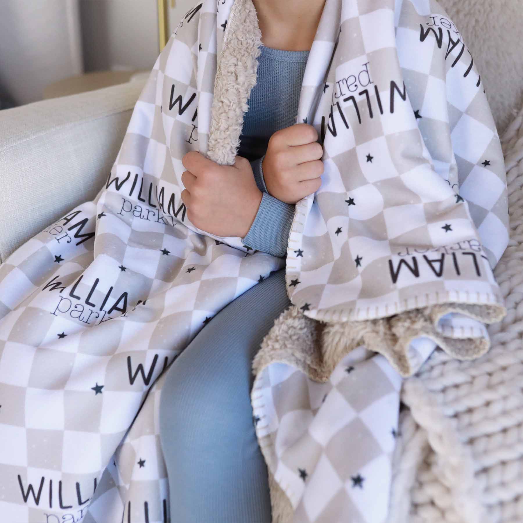 Personalized Sherpa Kids Blanket | Taupe Check - Image 3