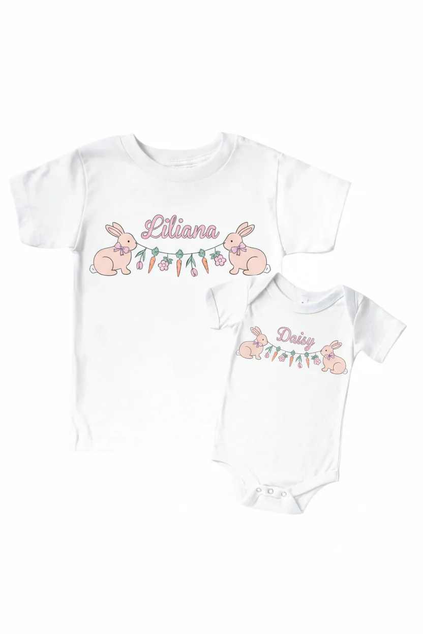 Personalized Hoppy Spring Pink Graphic Bodysuit & Kids Tee | White