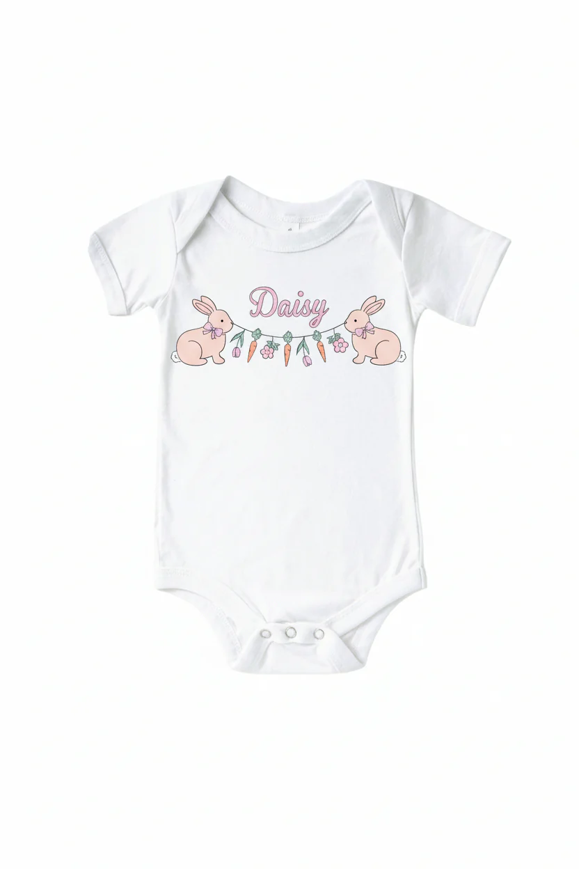 Personalized Hoppy Spring Pink Graphic Bodysuit & Kids Tee | White - Image 2