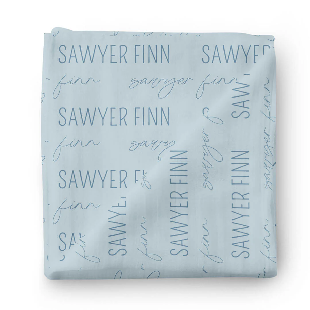 Personalized Light Dusty Blue Baby Name Swaddle Blanket - Block & Script - Image 2