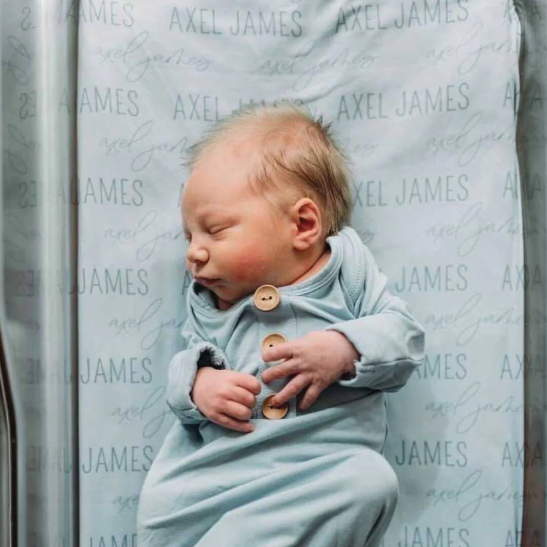Personalized Light Dusty Blue Baby Name Swaddle Blanket - Block & Script - Image 3