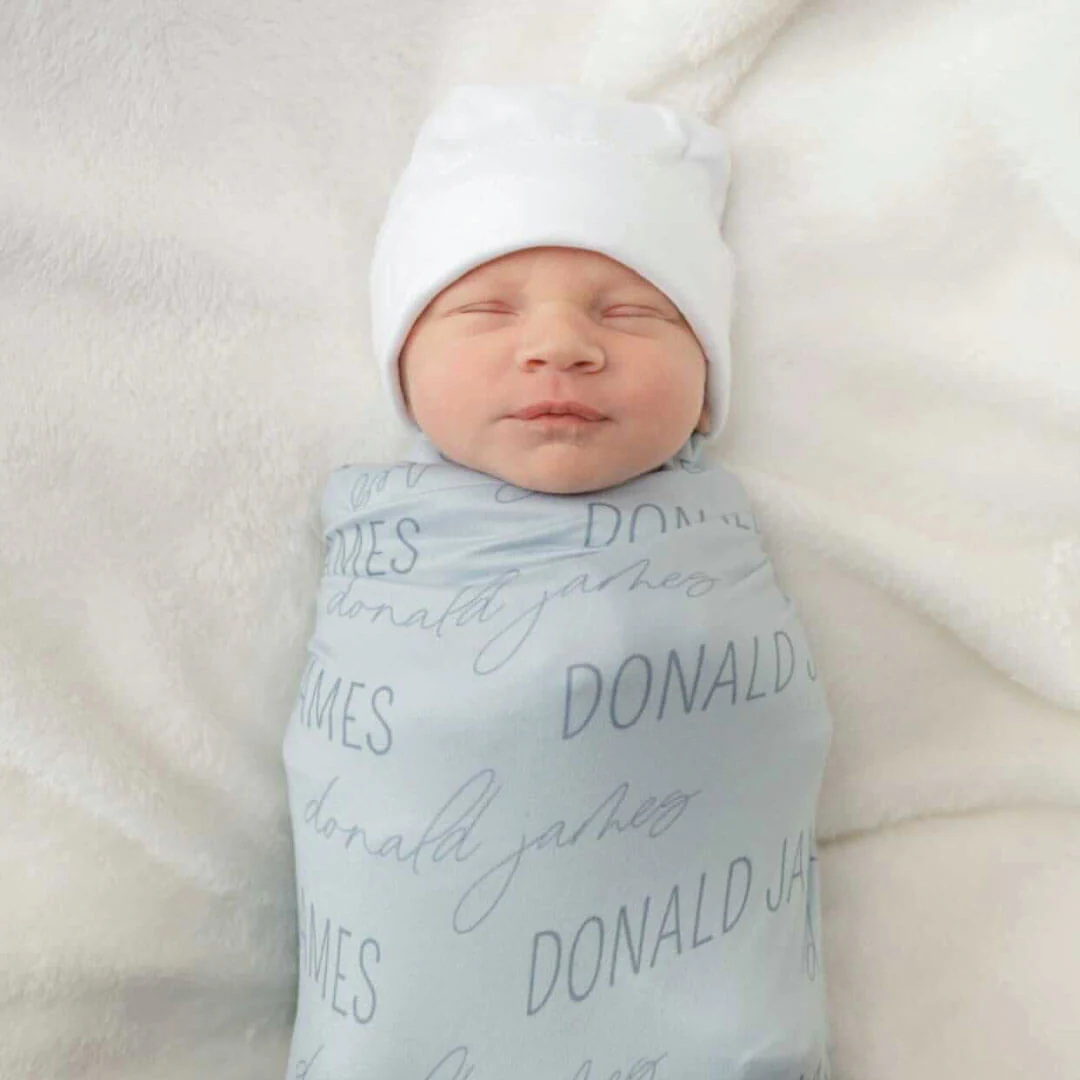 Personalized Light Dusty Blue Baby Name Swaddle Blanket - Block & Script - Image 4