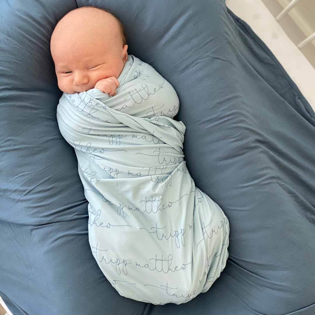 Personalized Light Dusty Blue Baby Name Swaddle Blanket - Script - Image 4