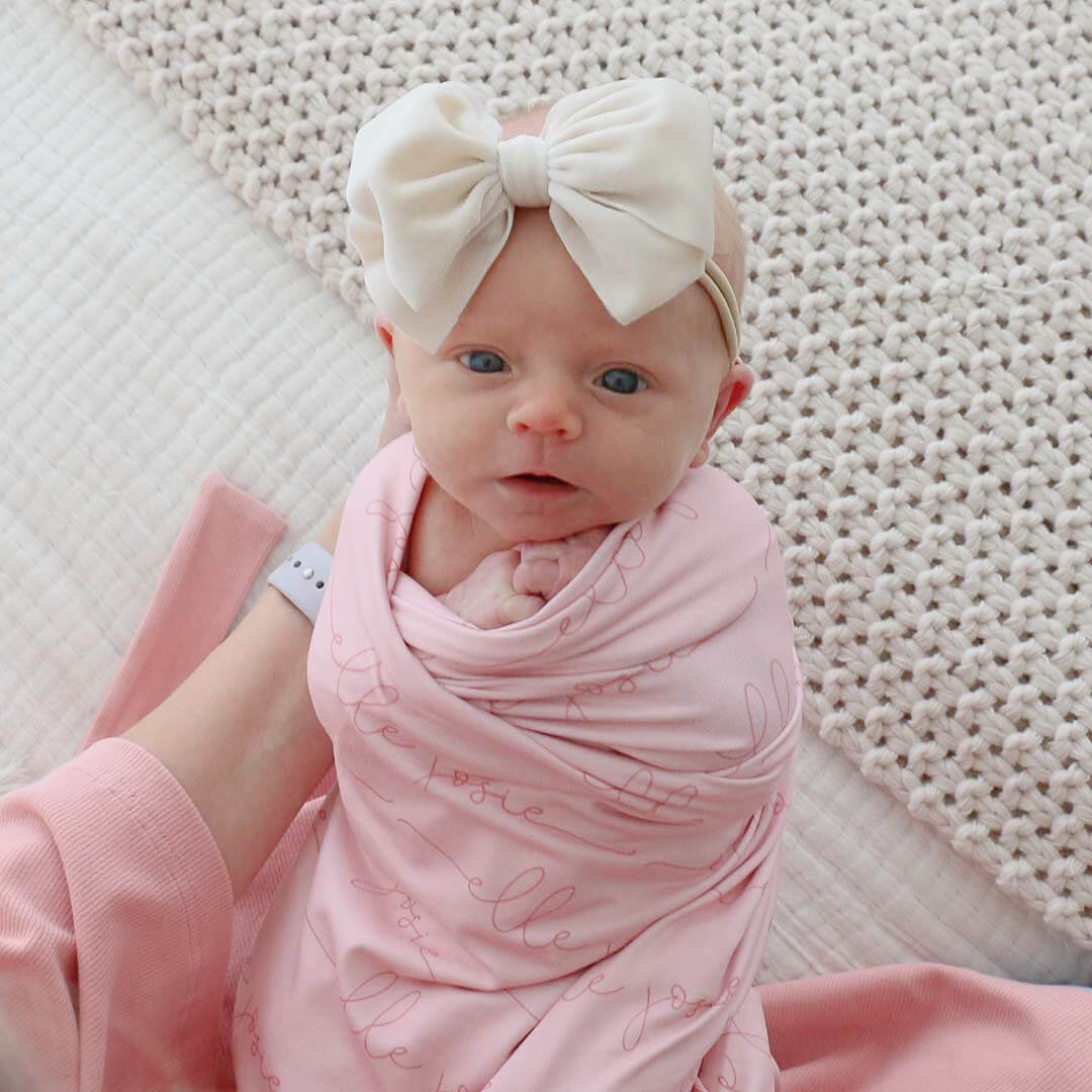 Personalized Light Rose on Pink Baby Name Swaddle Blanket - Script - Image 3