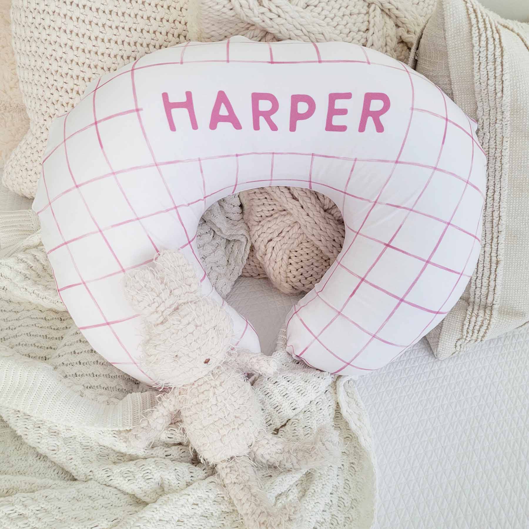 Personalized Nursing Pillow Covers | Pink Grid - Image 2