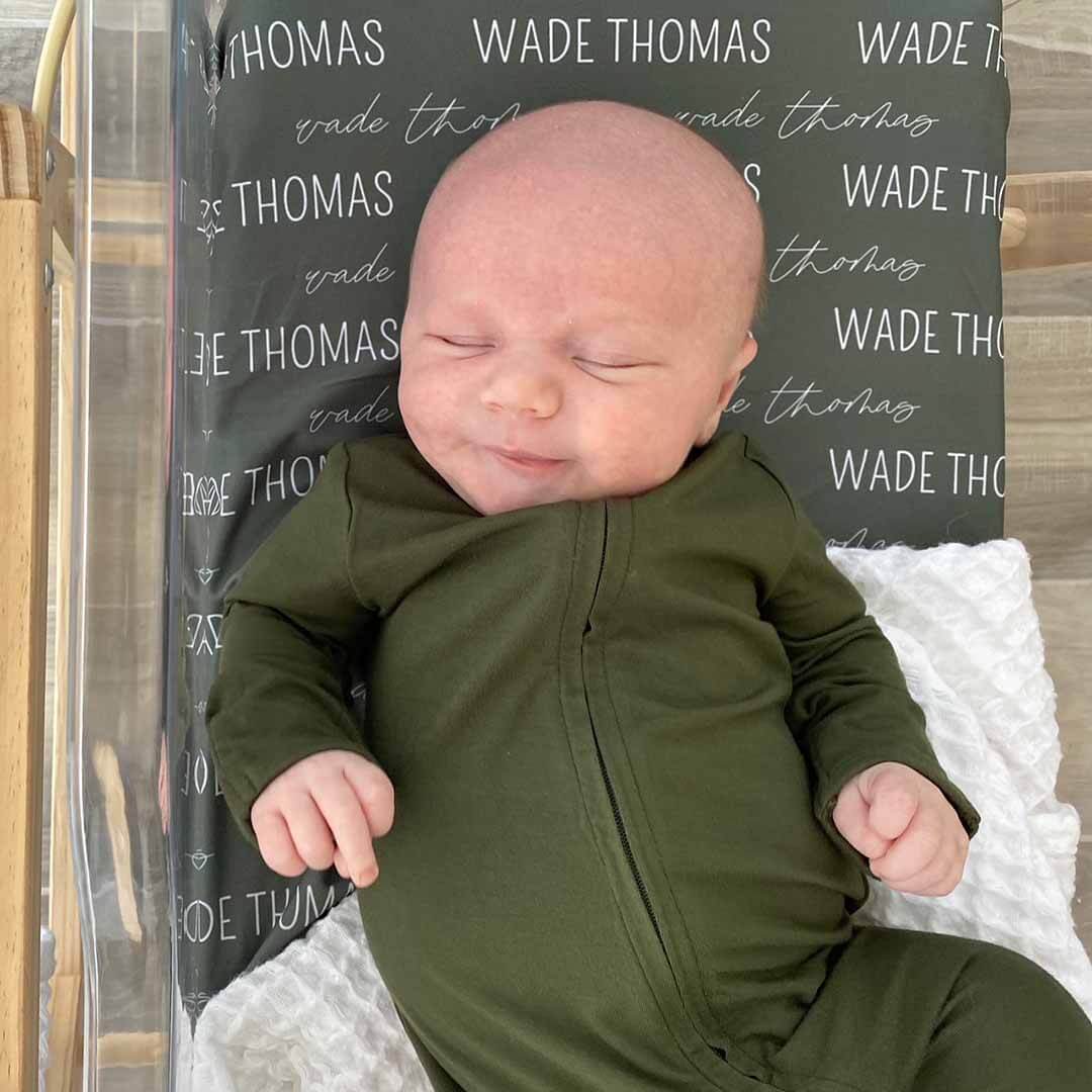 Personalized Olive Baby Name Swaddle Blanket - Block & Script - Image 2