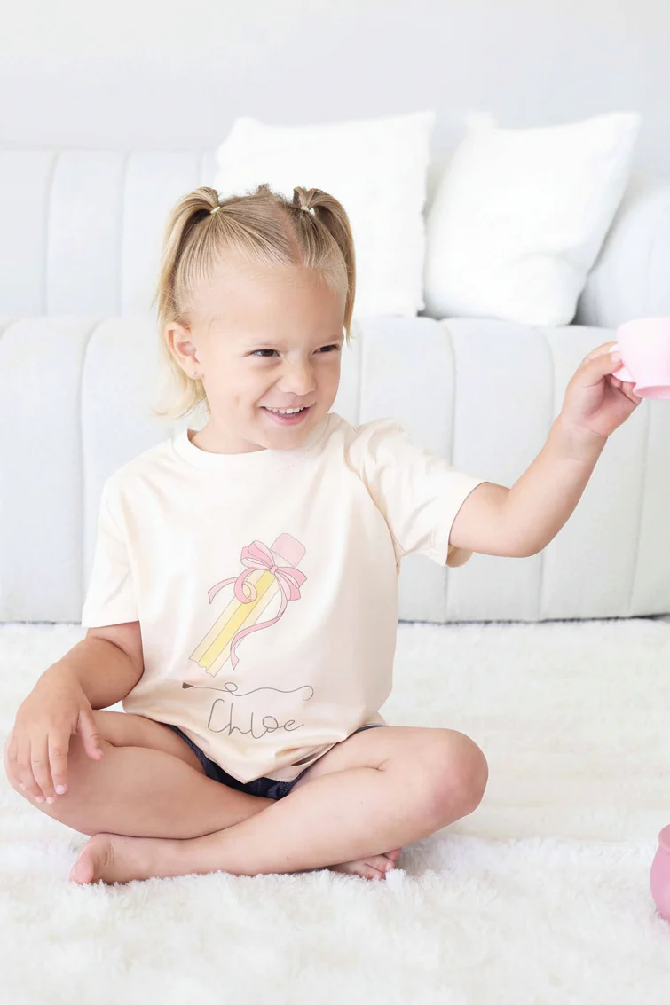 Personalized Pencil Bow Kids Graphic Tee | Natural