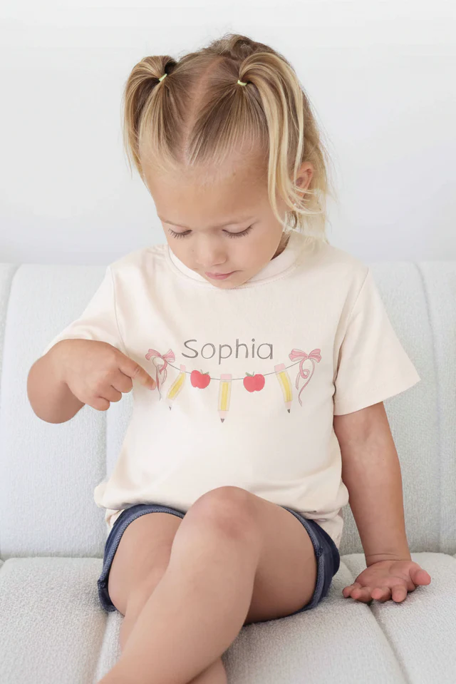 Personalized Pencil Garland Kids Graphic Tee | Natural