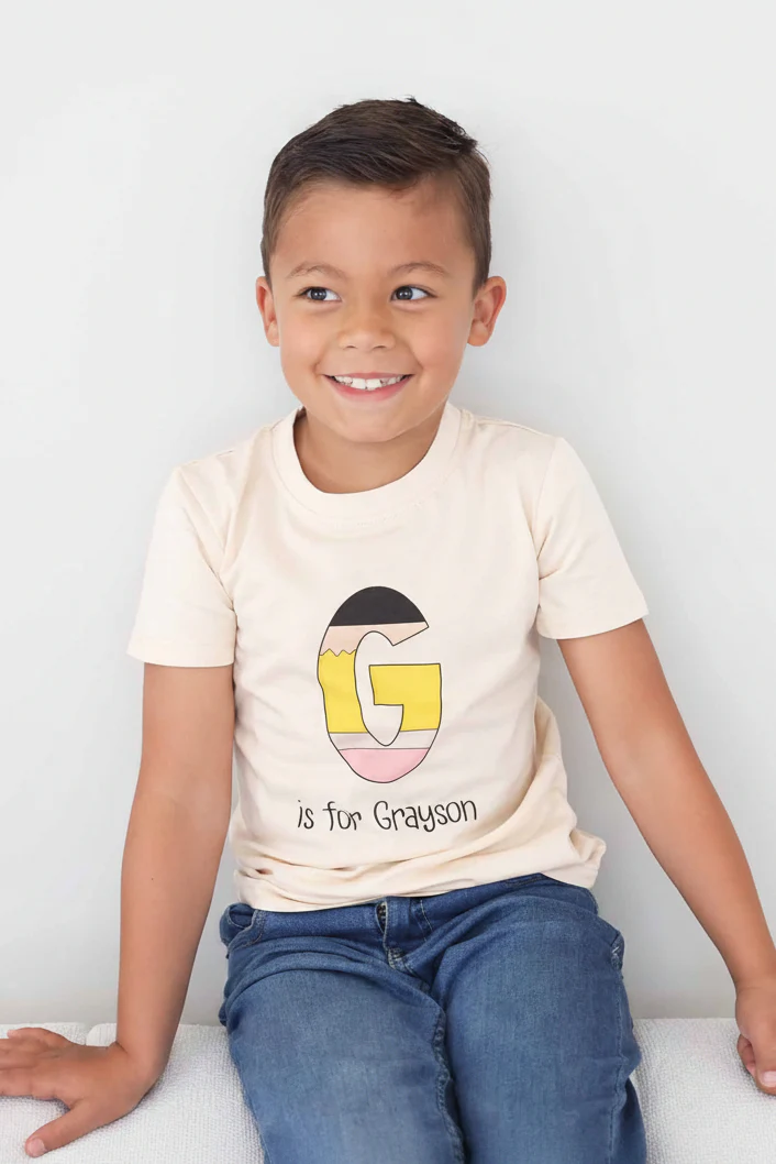 Personalized Pencil Letters Kids Graphic Tee | Natural