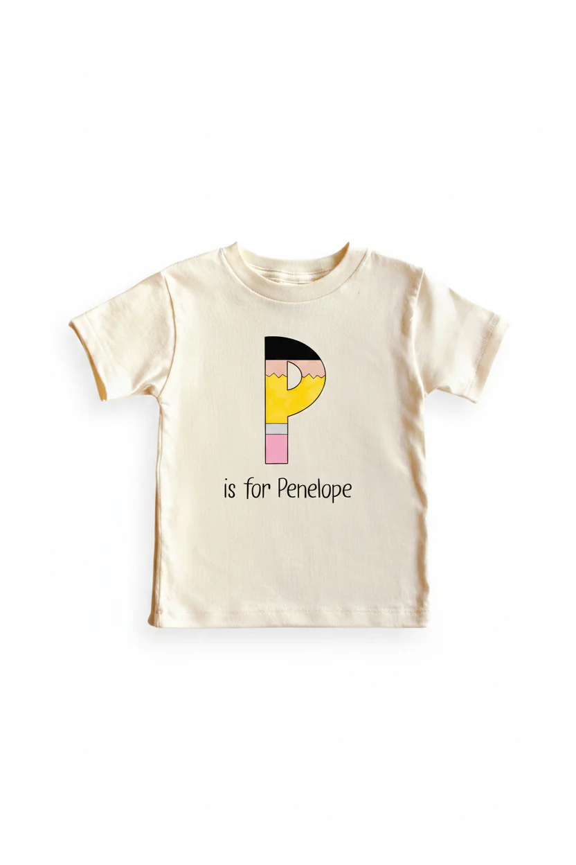 Personalized Pencil Letters Kids Graphic Tee | Natural - Image 2