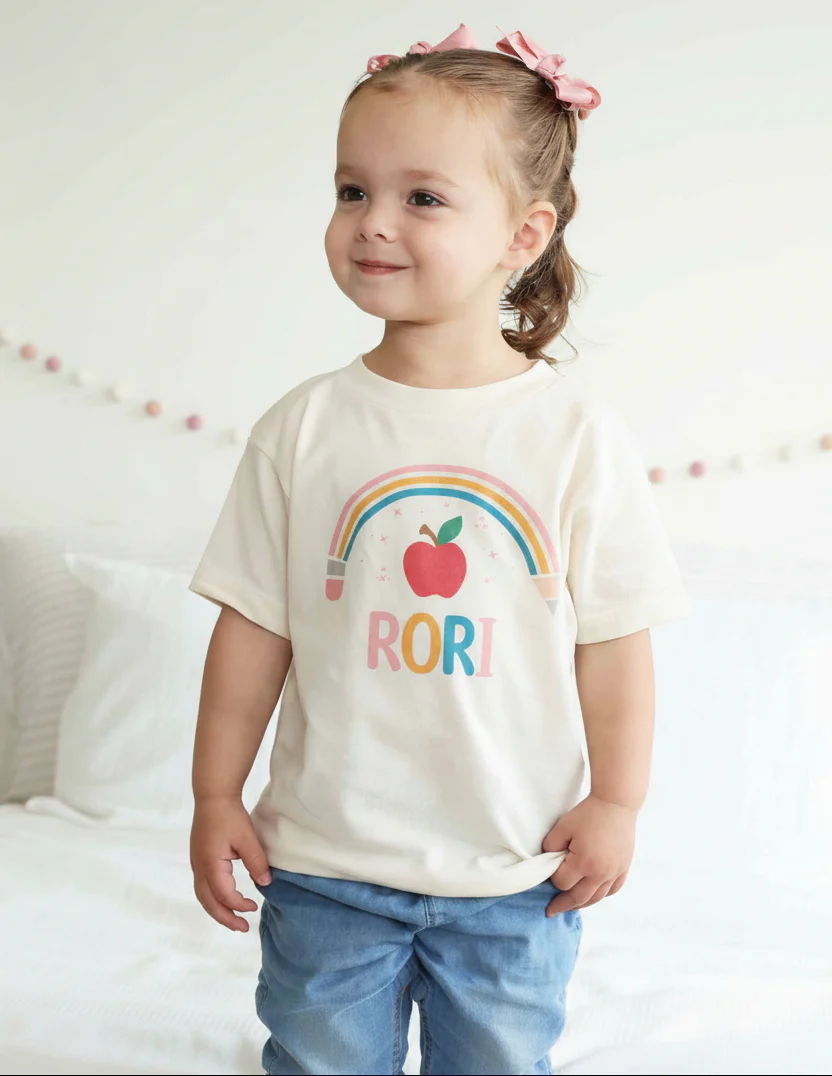 Personalized Pencil Rainbow Kids Graphic Tee | Natural