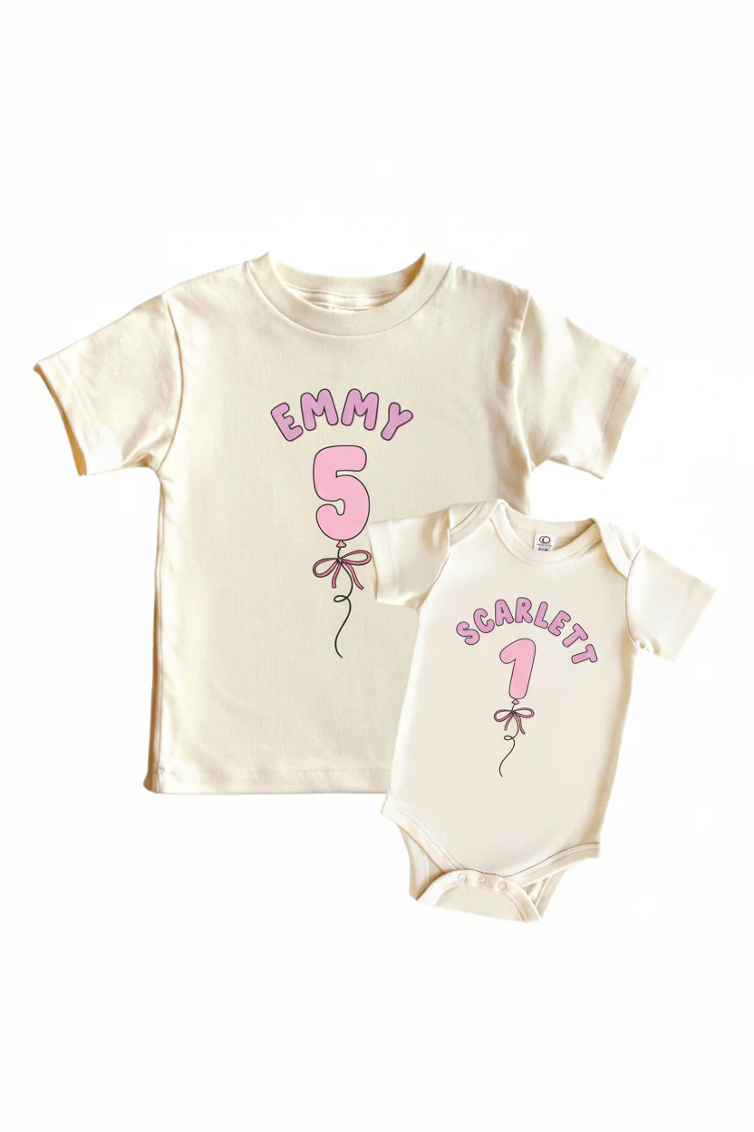 Personalized Pink Birthday Graphic Bodysuit & Kids Tee | Natural