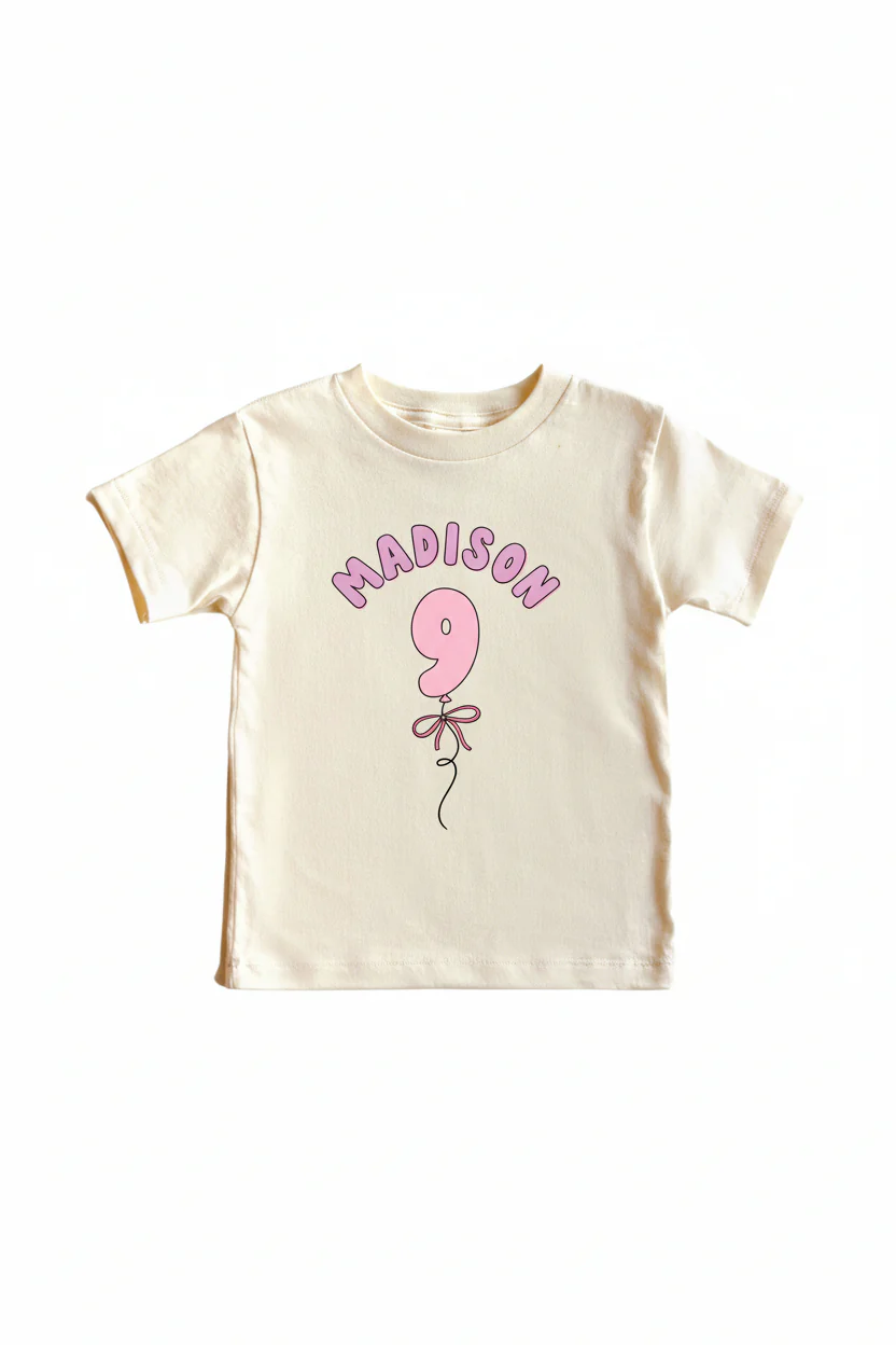 Personalized Pink Birthday Graphic Bodysuit & Kids Tee | Natural - Image 12