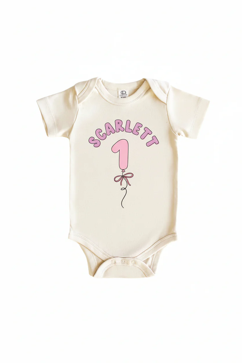 Personalized Pink Birthday Graphic Bodysuit & Kids Tee | Natural - Image 3