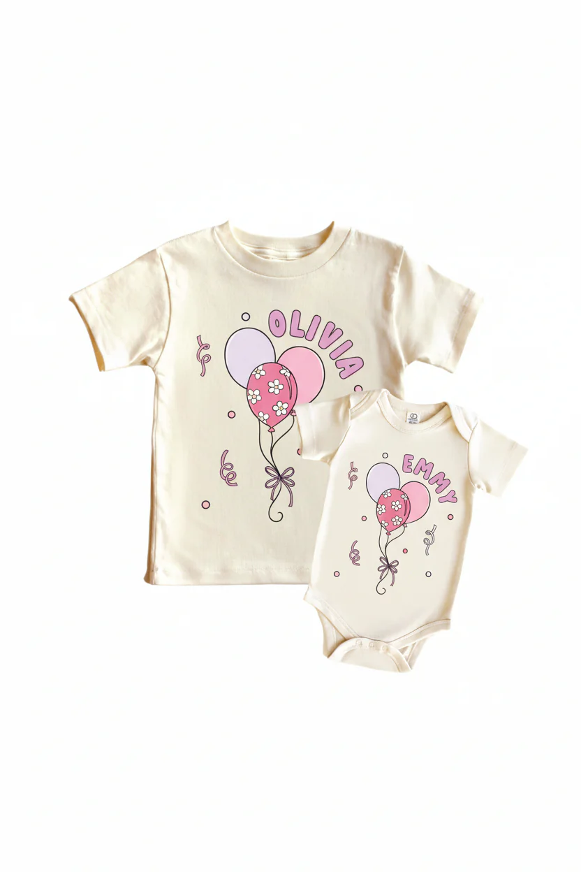 Personalized Pink Party Time Graphic Bodysuit & Kids Tee | Natural