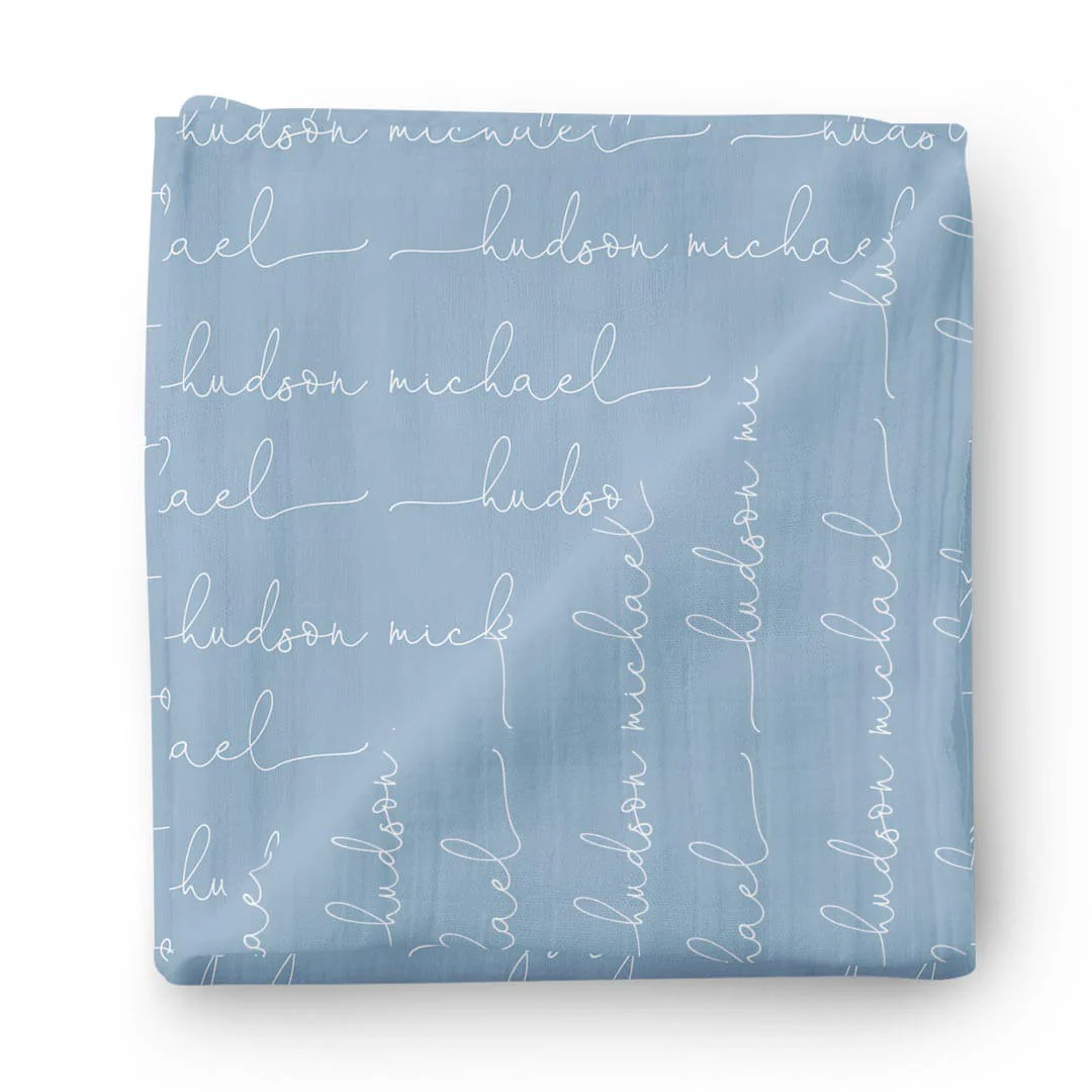 Personalized Powder Blue Baby Name Swaddle Blanket - Script - Image 2