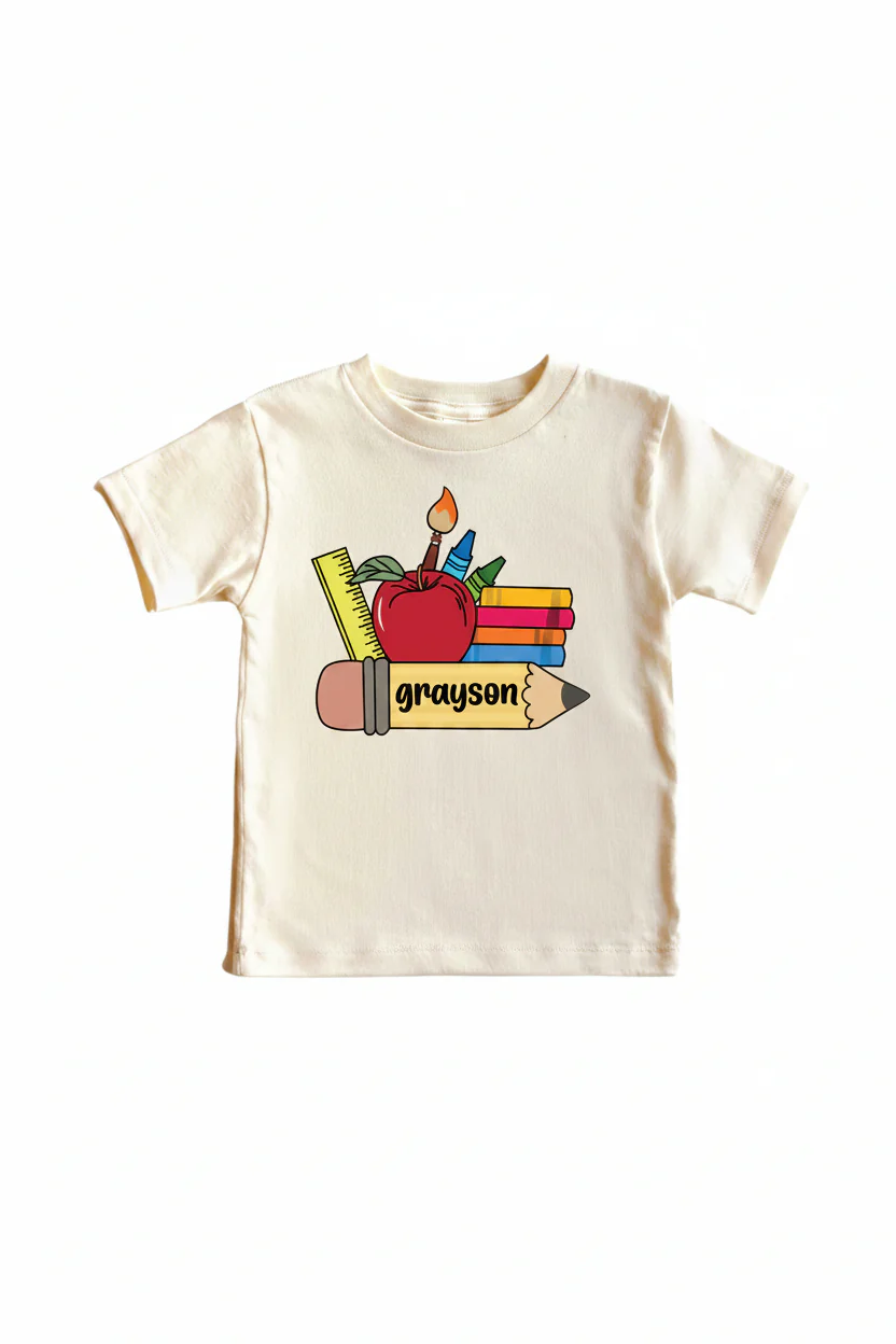 Personalized School Supplies Kids Graphic Tee | Natural