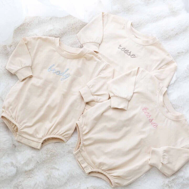 Embroidered Script Name Long Sleeve Bubble Romper | Natural