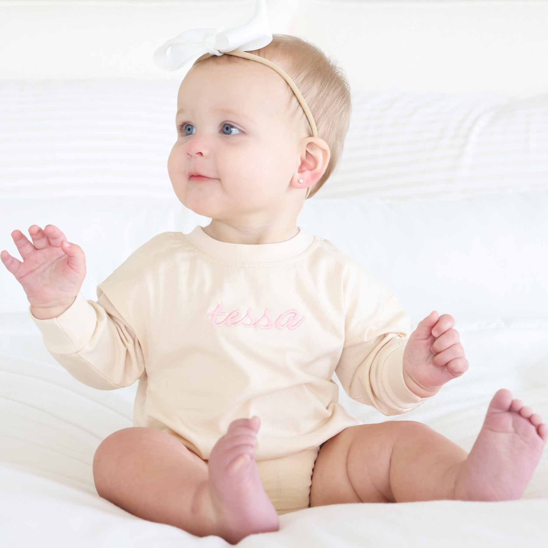 Embroidered Script Name Long Sleeve Bubble Romper | Natural - Image 10