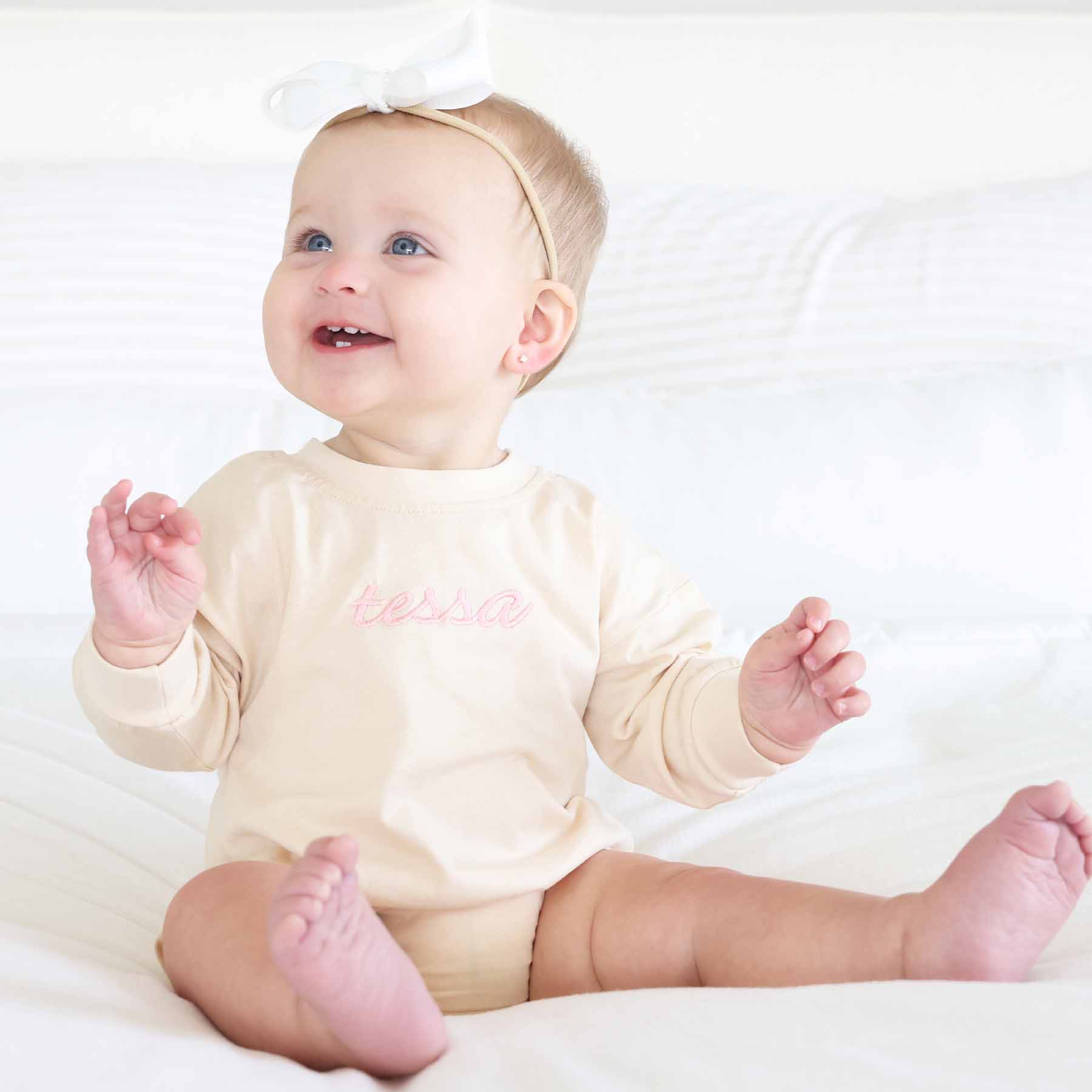 Embroidered Script Name Long Sleeve Bubble Romper | Natural - Image 11
