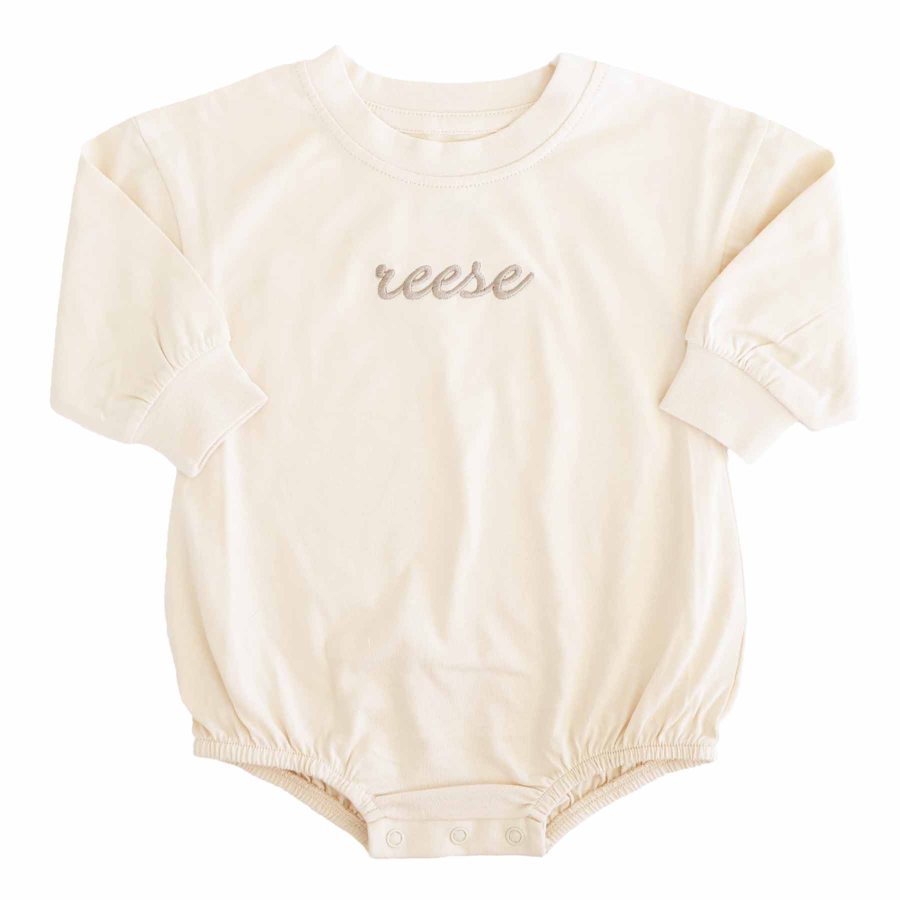 Embroidered Script Name Long Sleeve Bubble Romper | Natural - Image 12