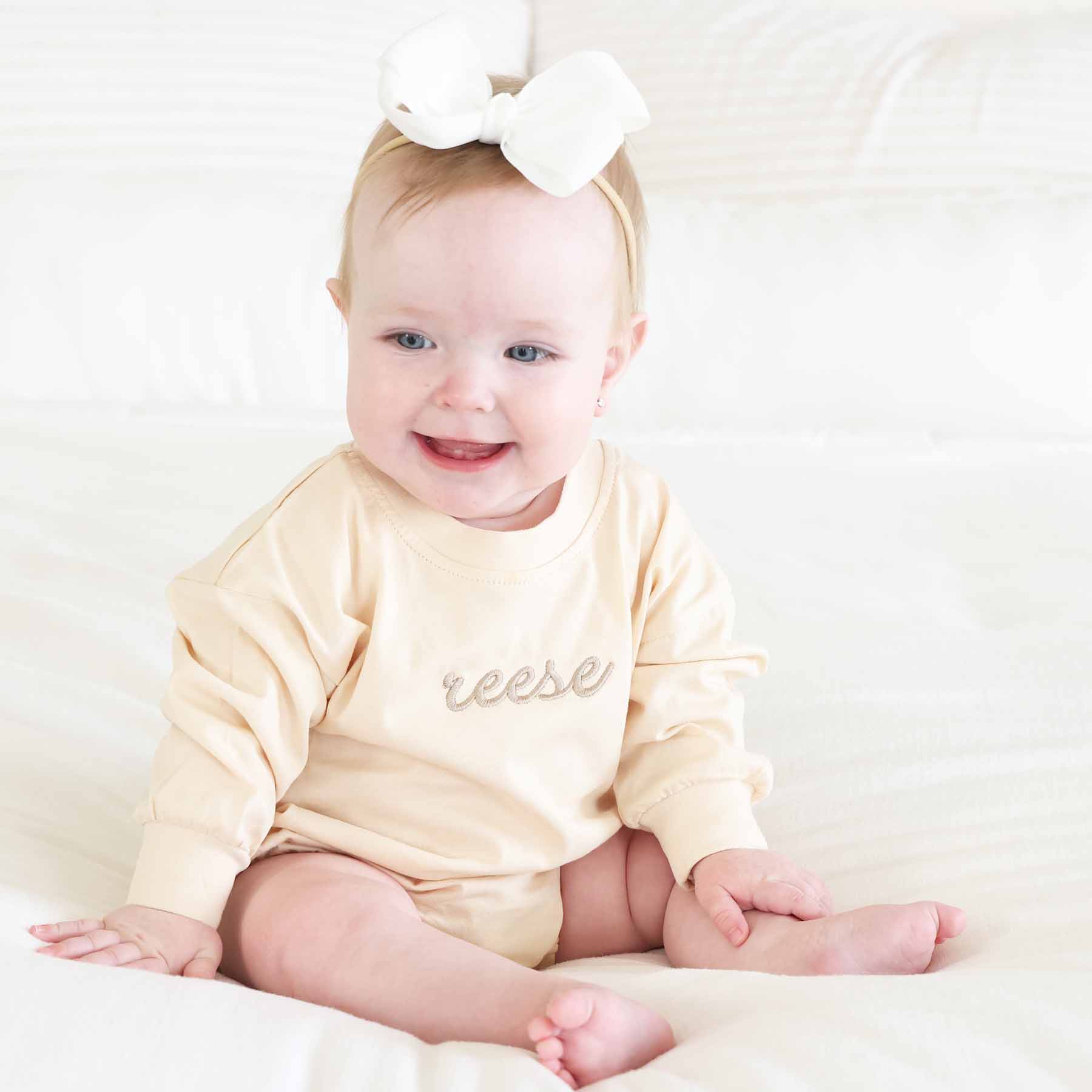 Embroidered Script Name Long Sleeve Bubble Romper | Natural - Image 14