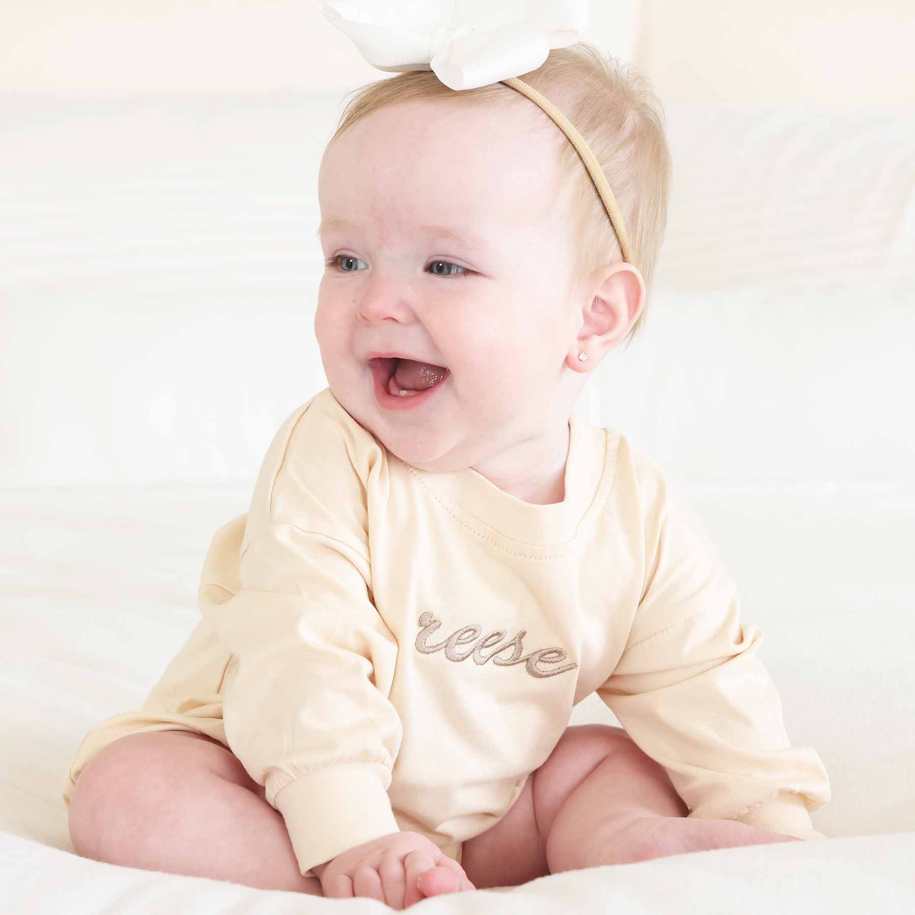 Embroidered Script Name Long Sleeve Bubble Romper | Natural - Image 16