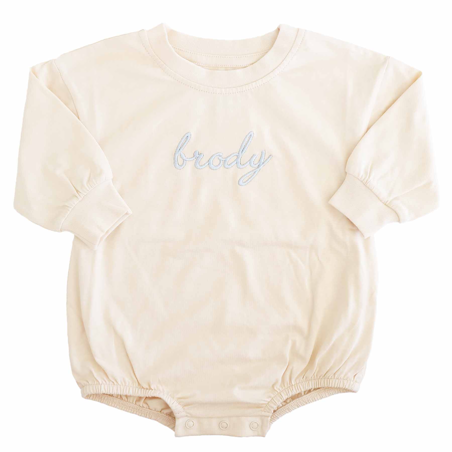 Embroidered Script Name Long Sleeve Bubble Romper | Natural - Image 2
