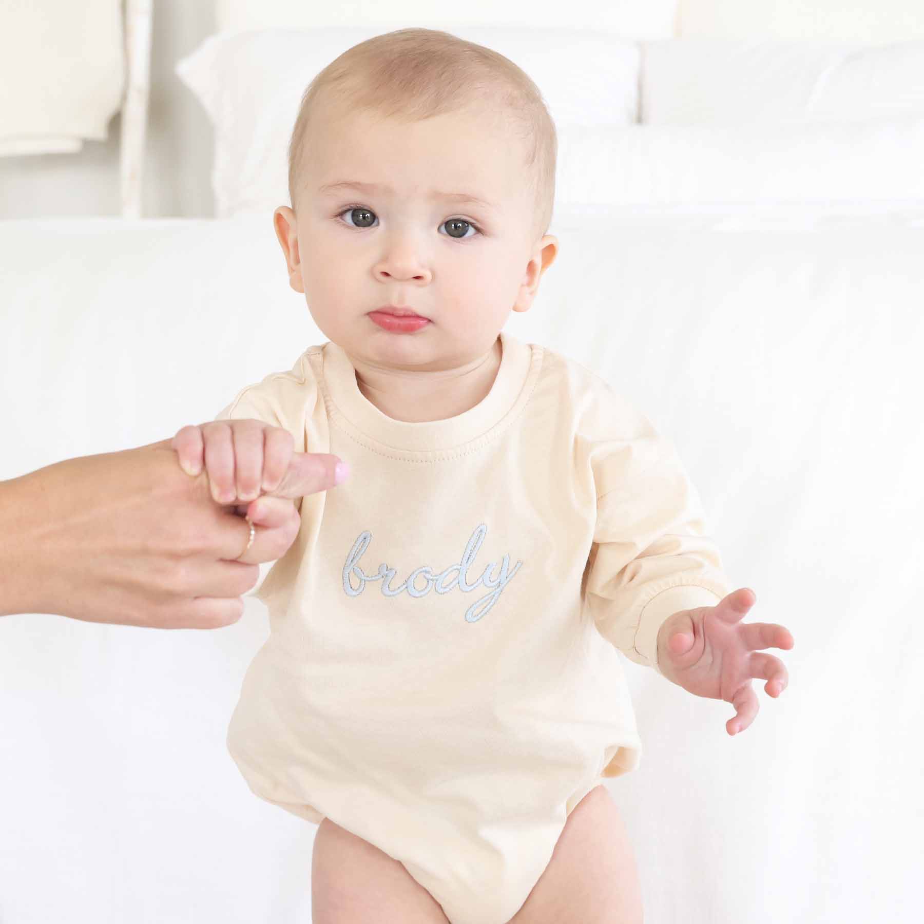 Embroidered Script Name Long Sleeve Bubble Romper | Natural - Image 3