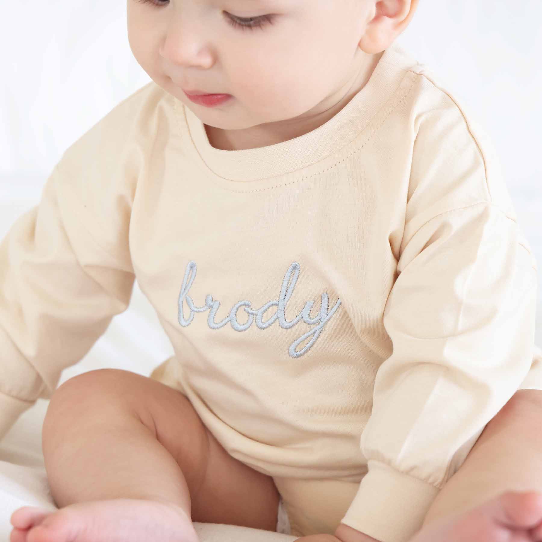 Embroidered Script Name Long Sleeve Bubble Romper | Natural - Image 4