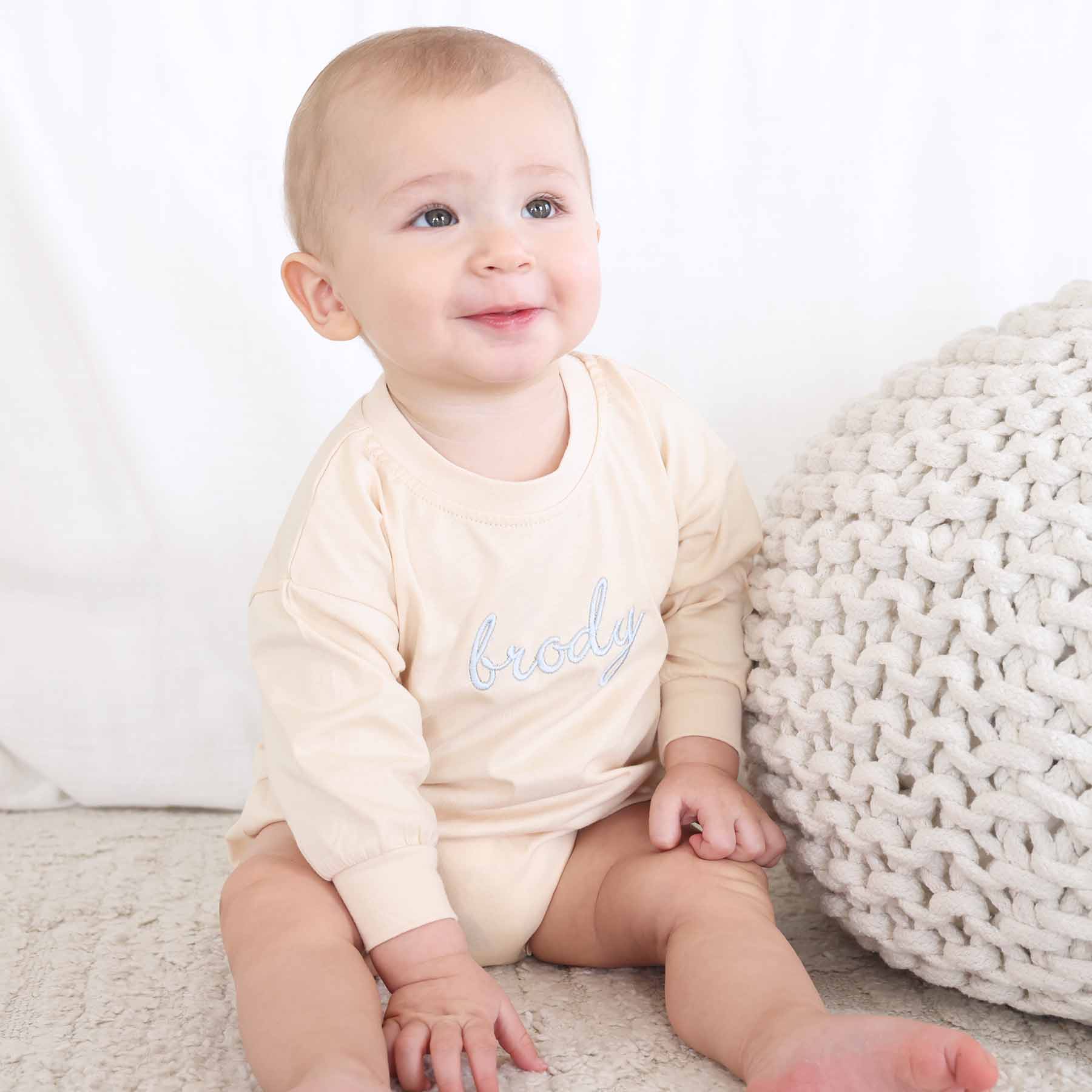 Embroidered Script Name Long Sleeve Bubble Romper | Natural - Image 6
