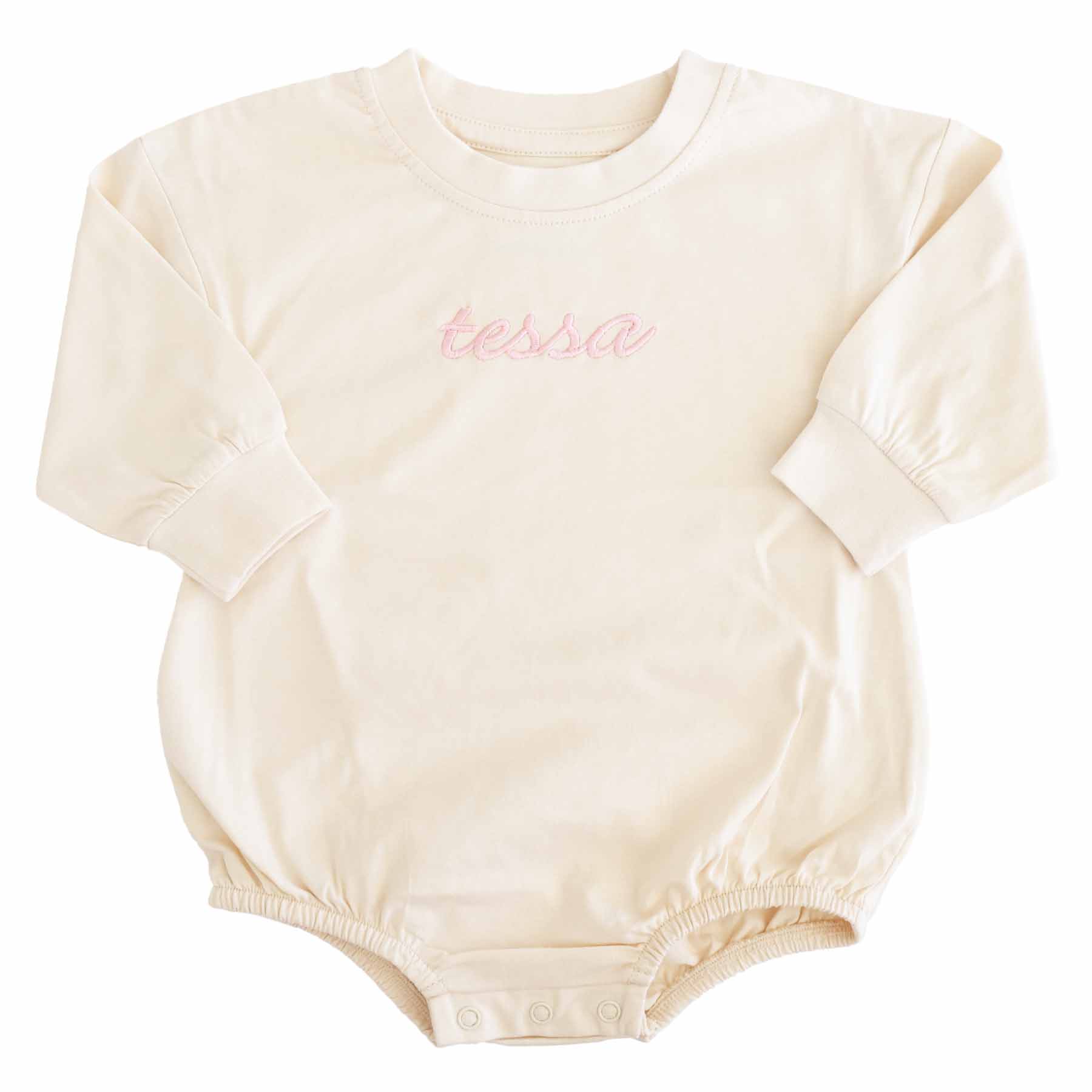 Embroidered Script Name Long Sleeve Bubble Romper | Natural - Image 8